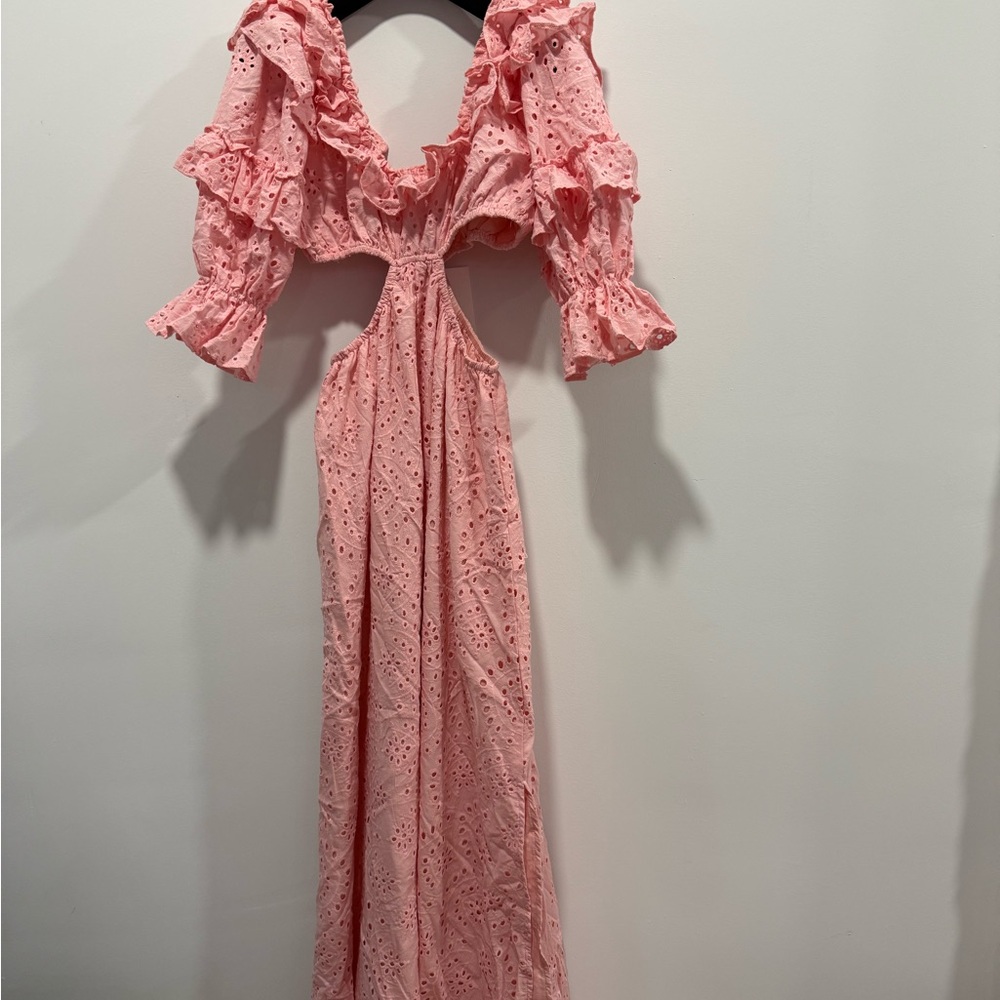 Alamour The Label Pink Eyelet Ruffle Maxi with Cutout Waist